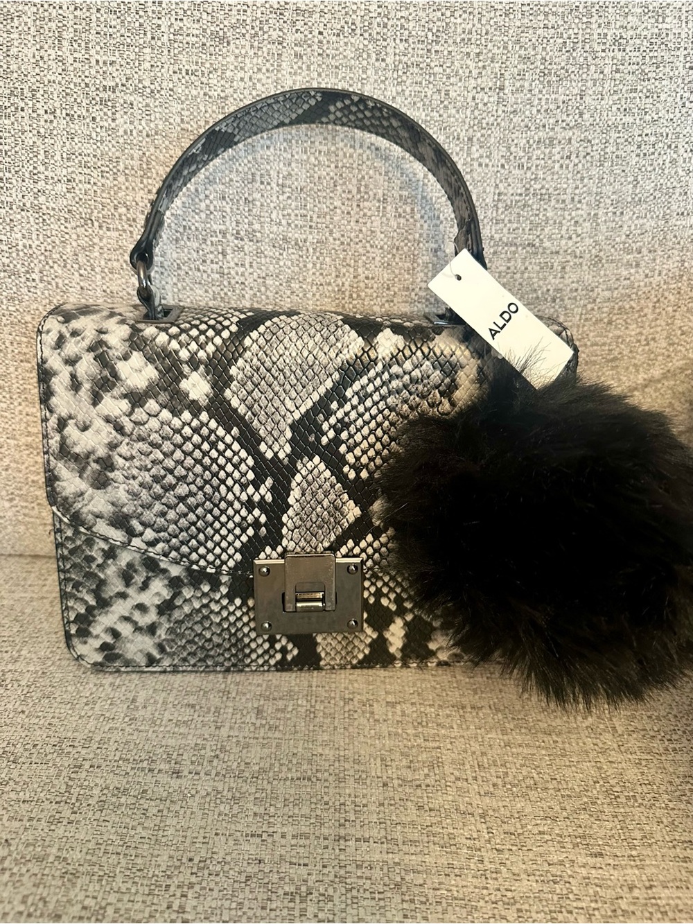 ALDO Black and White Snake-Print Crossbody Bag Top Handle Satchel with Black Pom